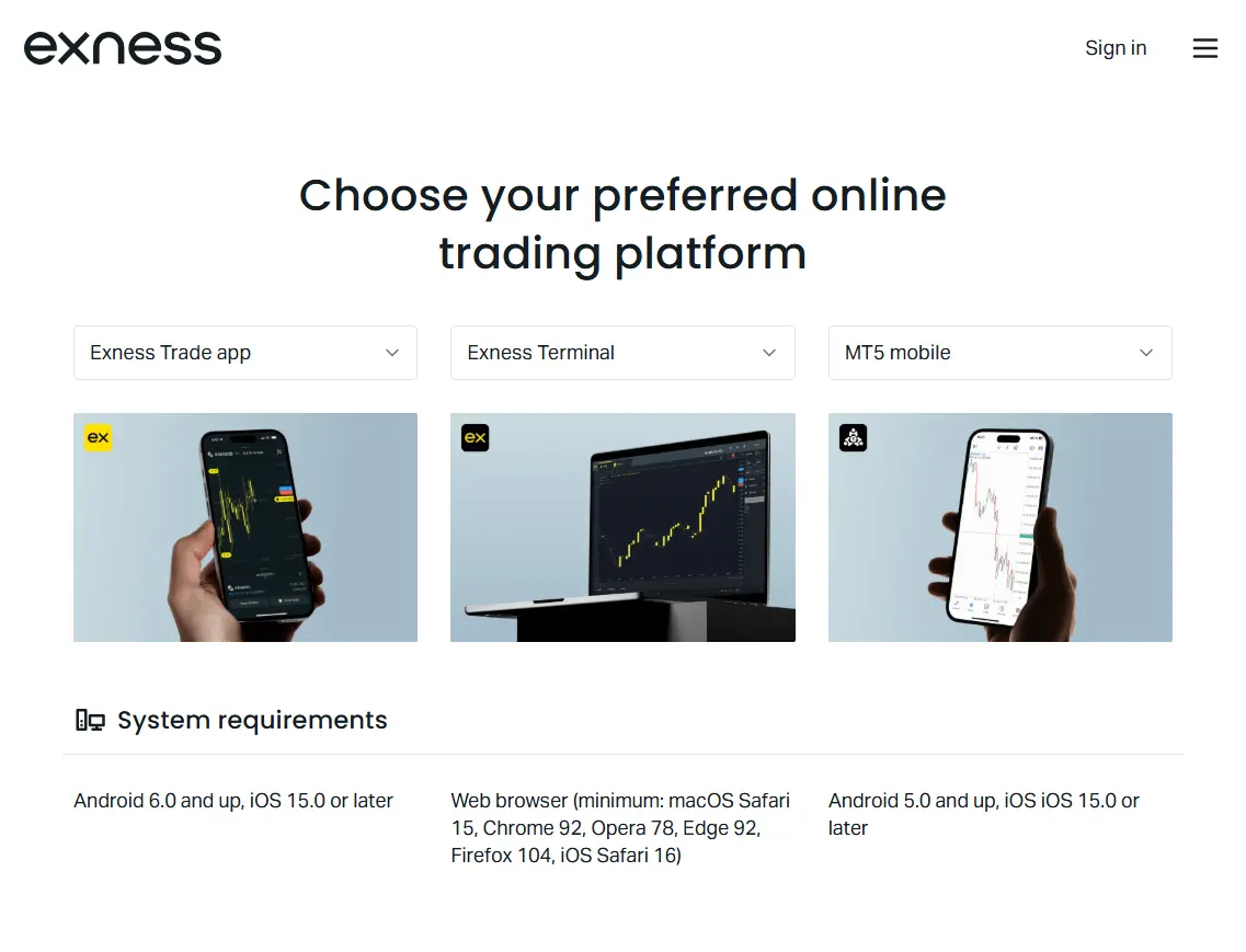مقارنة Exness Trade وExness Terminal وMT5 للهاتف ومتطلبات تشغيلها.