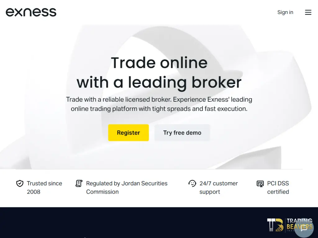 واجهة موقع Exness مع خيارات التسجيل وتجربة الحساب التجريبي.