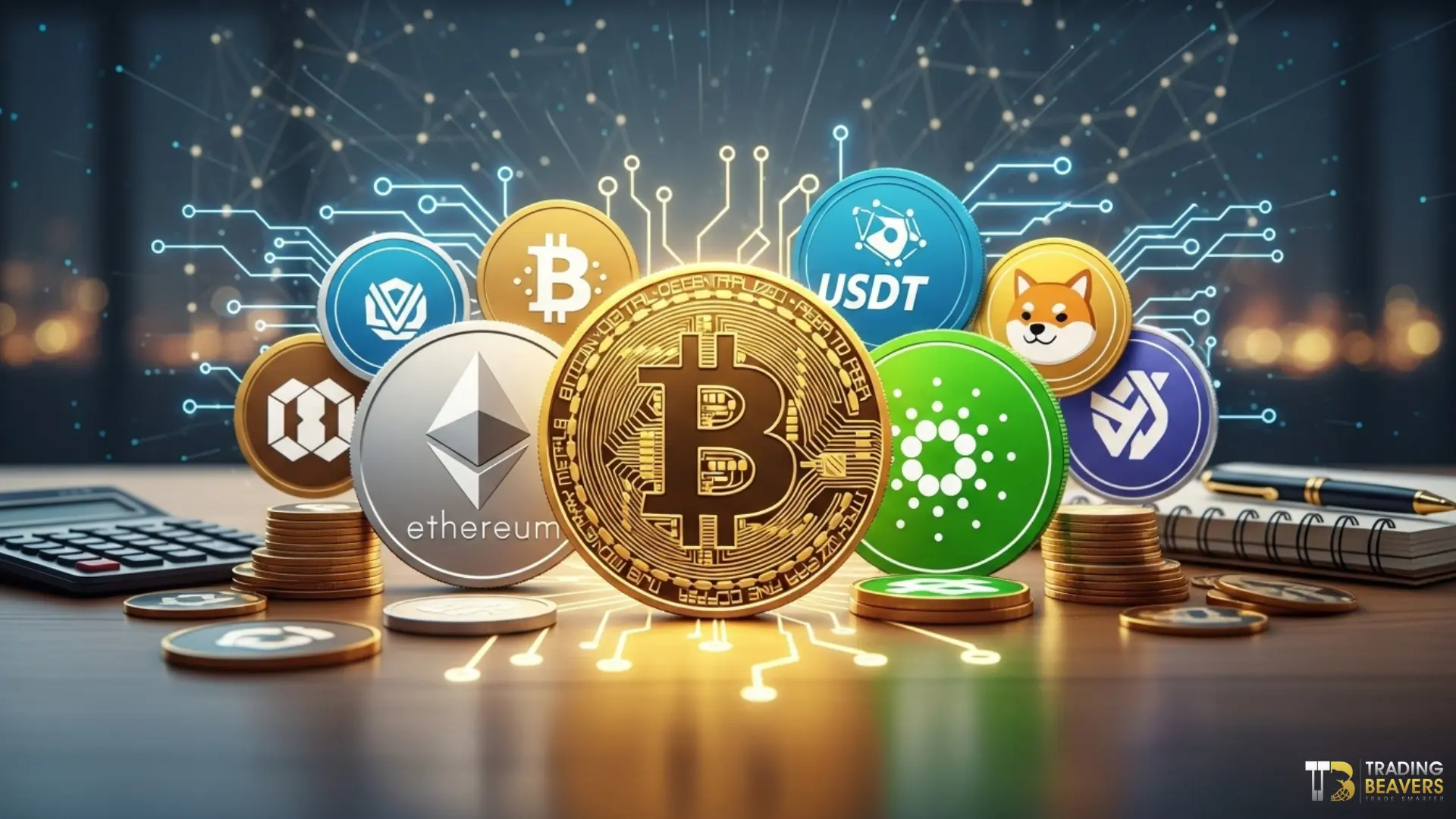 مفهوم تداول العملات الرقمية والبيتكوين للمبتدئين مع رسم بياني يوضح النمو.