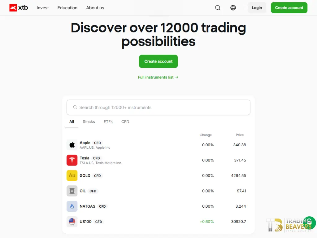 الأدوات والأصول المتاحة للتداول والاستثمار في XTB