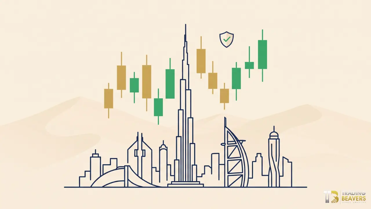 دليل افضل شركات التداول المرخصة في الإمارات مع خلفية سكاي لاين دبي وشموع التداول